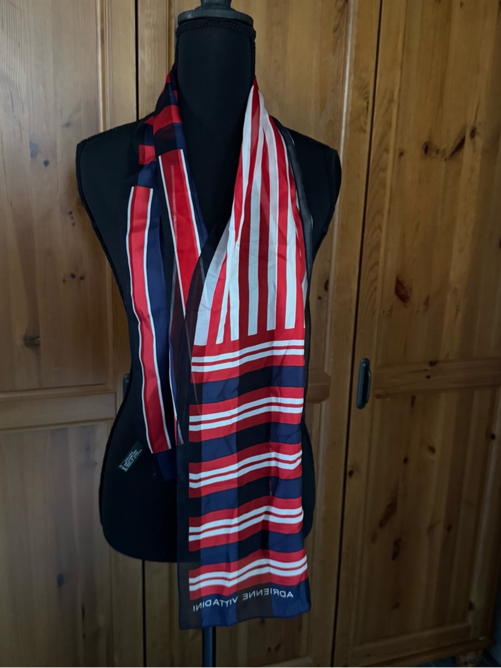 Adrienne Vittadini 100% Silk Red, White & Navy Striped Silk Scarf 52"x 11"